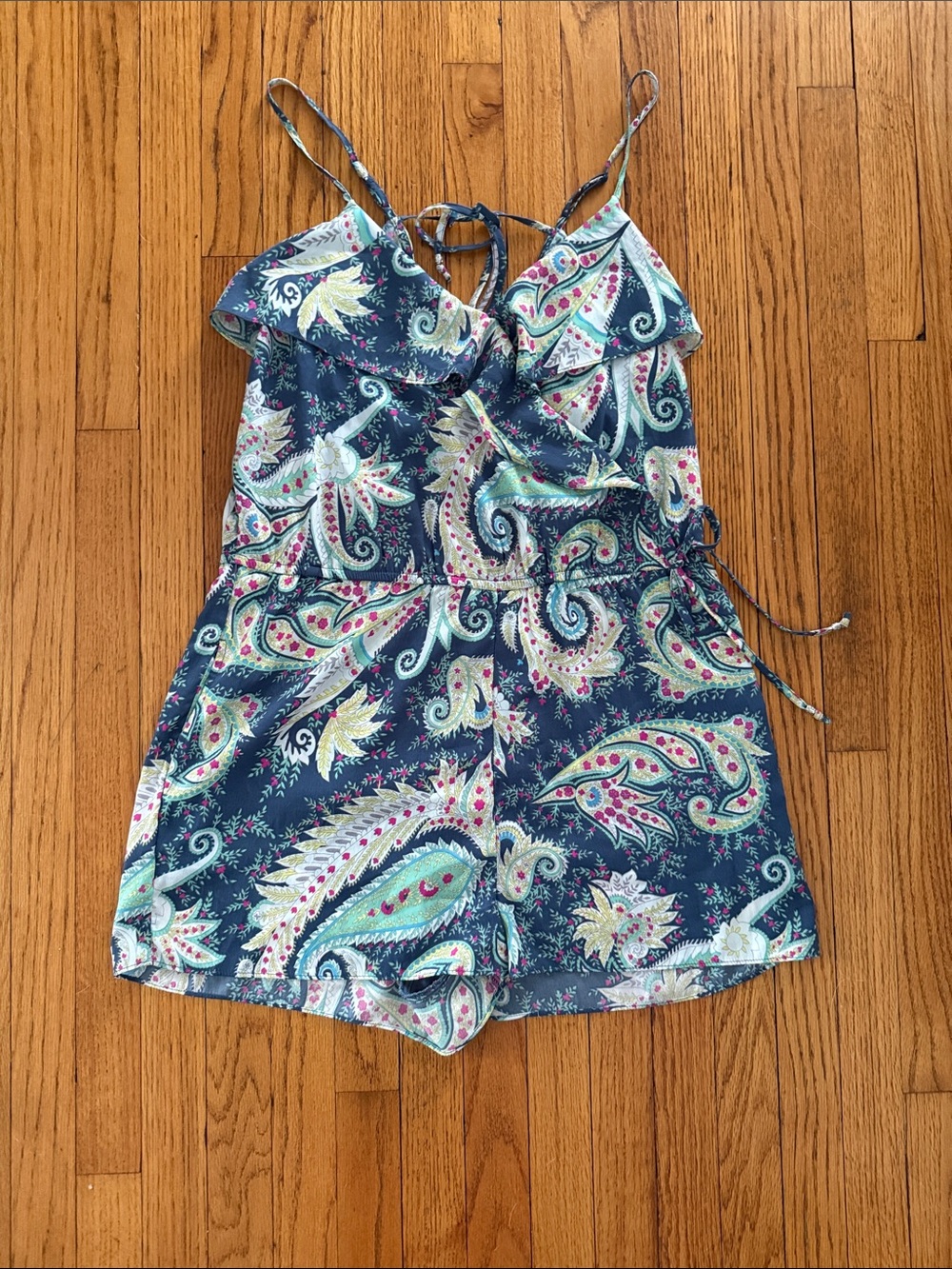 American Eagle Outfitters Navy Paisley Tie-Waist Romper